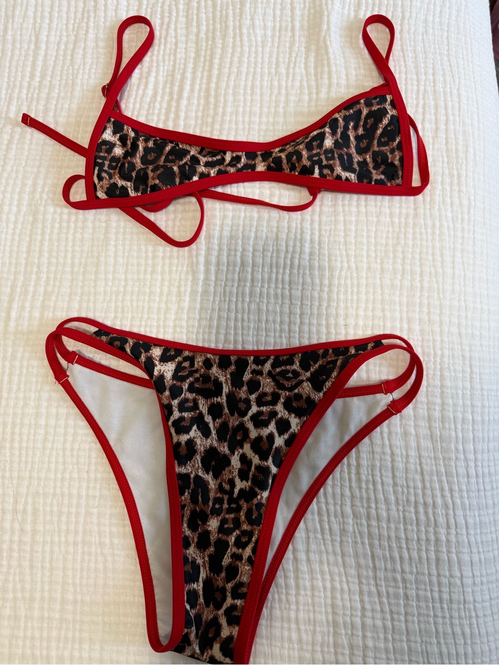 BRAND NEW SHEIN Leopard Print Bikini with Red Trim